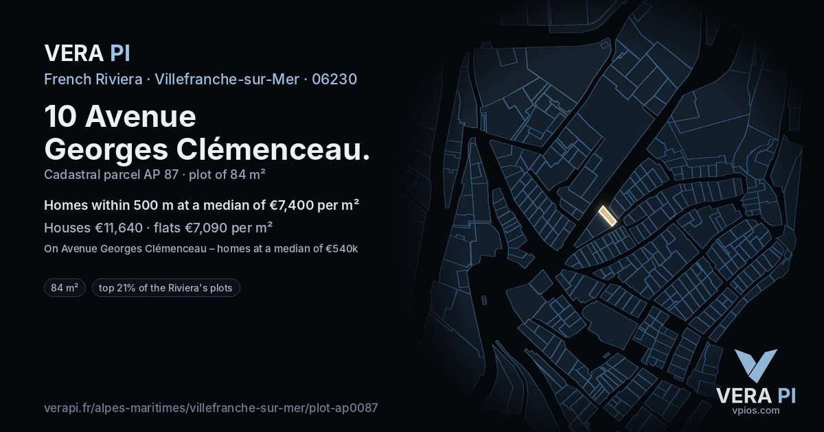 10 Avenue Georges Clémenceau, Villefranche-sur-Mer at night – the plot lit, the parcels around coloured by the prices near them