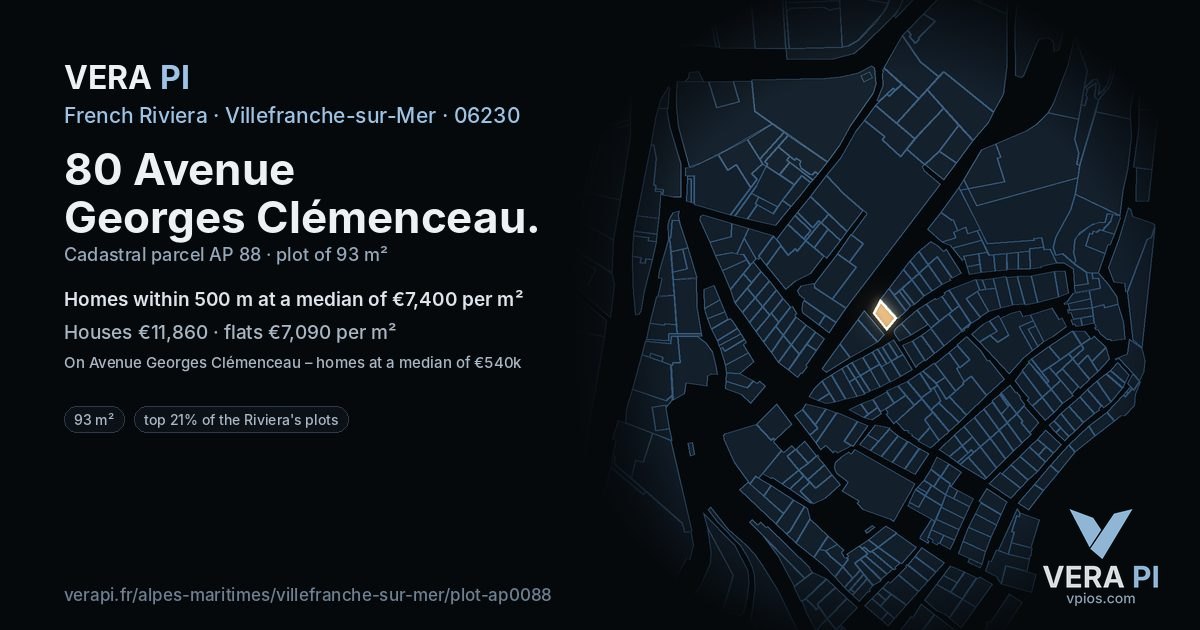80 Avenue Georges Clémenceau, Villefranche-sur-Mer at night – the plot lit, the parcels around coloured by the prices near them