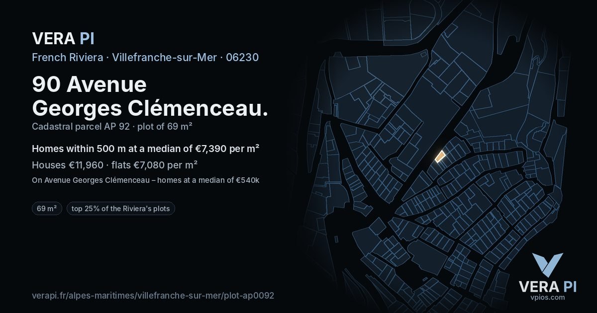 90 Avenue Georges Clémenceau, Villefranche-sur-Mer at night – the plot lit, the parcels around coloured by the prices near them