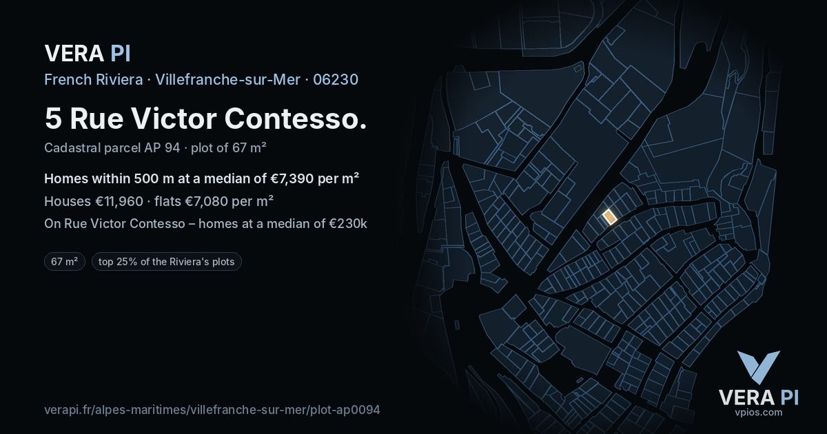 5 Rue Victor Contesso, Villefranche-sur-Mer at night – the plot lit, the parcels around coloured by the prices near them