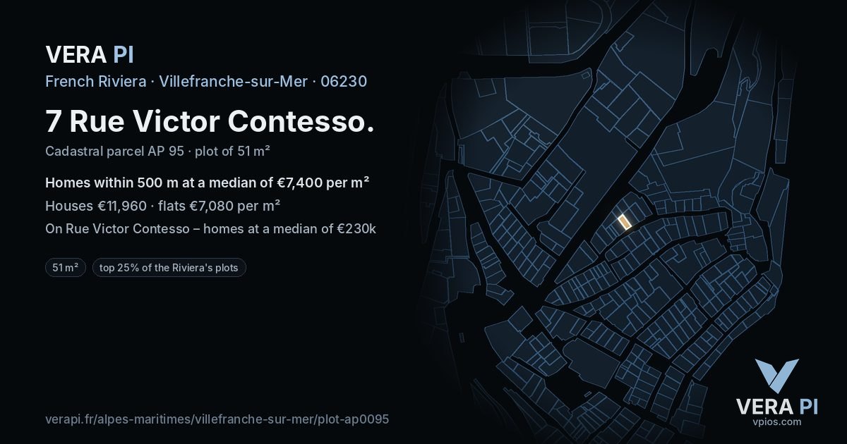 7 Rue Victor Contesso, Villefranche-sur-Mer at night – the plot lit, the parcels around coloured by the prices near them