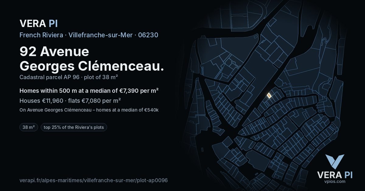 92 Avenue Georges Clémenceau, Villefranche-sur-Mer at night – the plot lit, the parcels around coloured by the prices near them