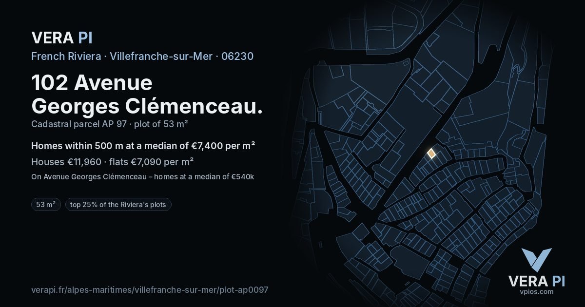 102 Avenue Georges Clémenceau, Villefranche-sur-Mer at night – the plot lit, the parcels around coloured by the prices near them
