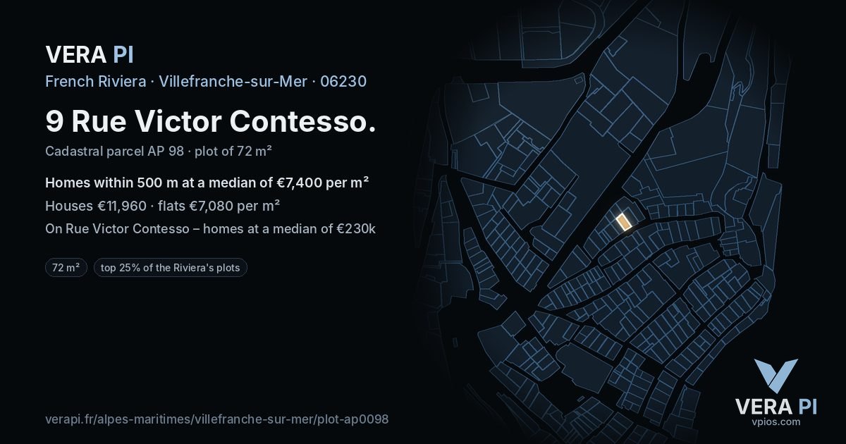 9 Rue Victor Contesso, Villefranche-sur-Mer at night – the plot lit, the parcels around coloured by the prices near them