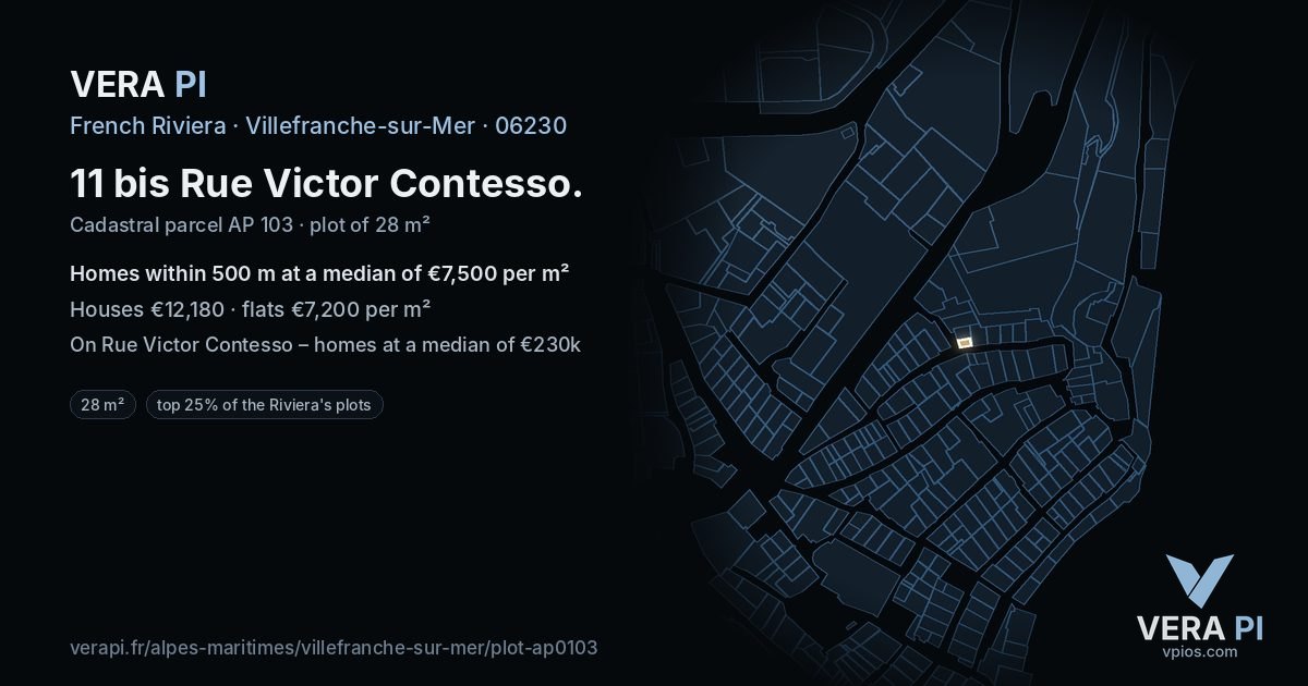 11 bis Rue Victor Contesso, Villefranche-sur-Mer at night – the plot lit, the parcels around coloured by the prices near them