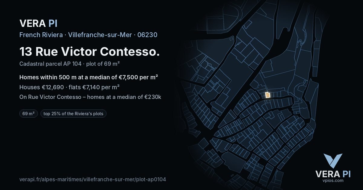 13 Rue Victor Contesso, Villefranche-sur-Mer at night – the plot lit, the parcels around coloured by the prices near them