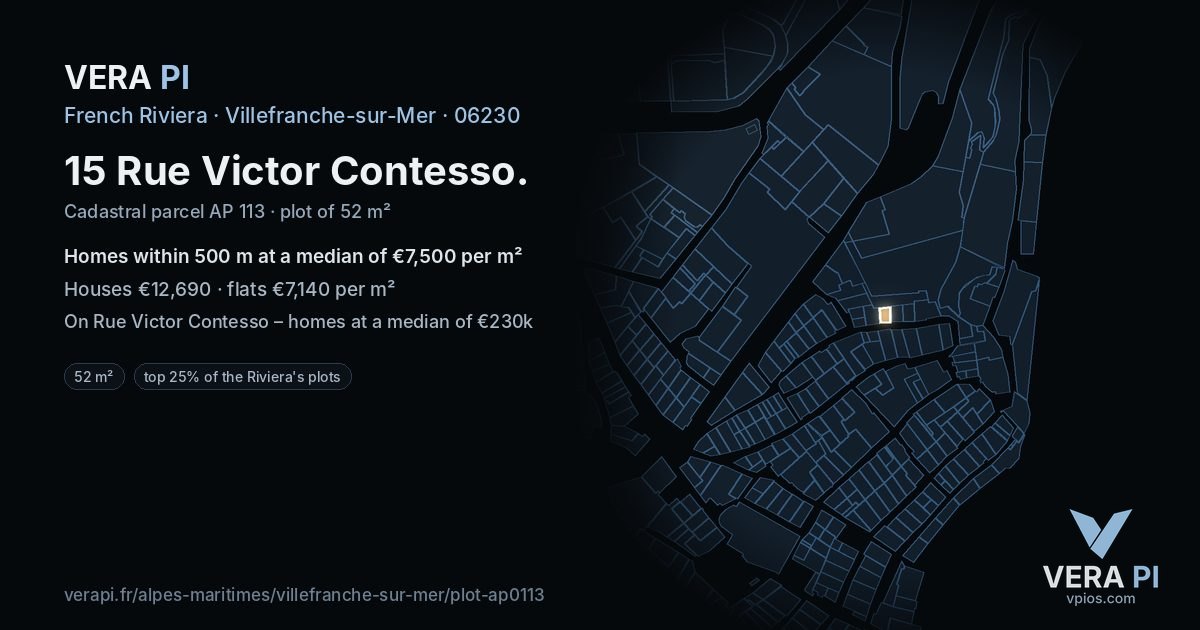 15 Rue Victor Contesso, Villefranche-sur-Mer at night – the plot lit, the parcels around coloured by the prices near them