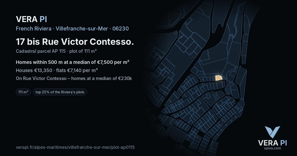 17 bis Rue Victor Contesso, Villefranche-sur-Mer at night – the plot lit, the parcels around coloured by the prices near them