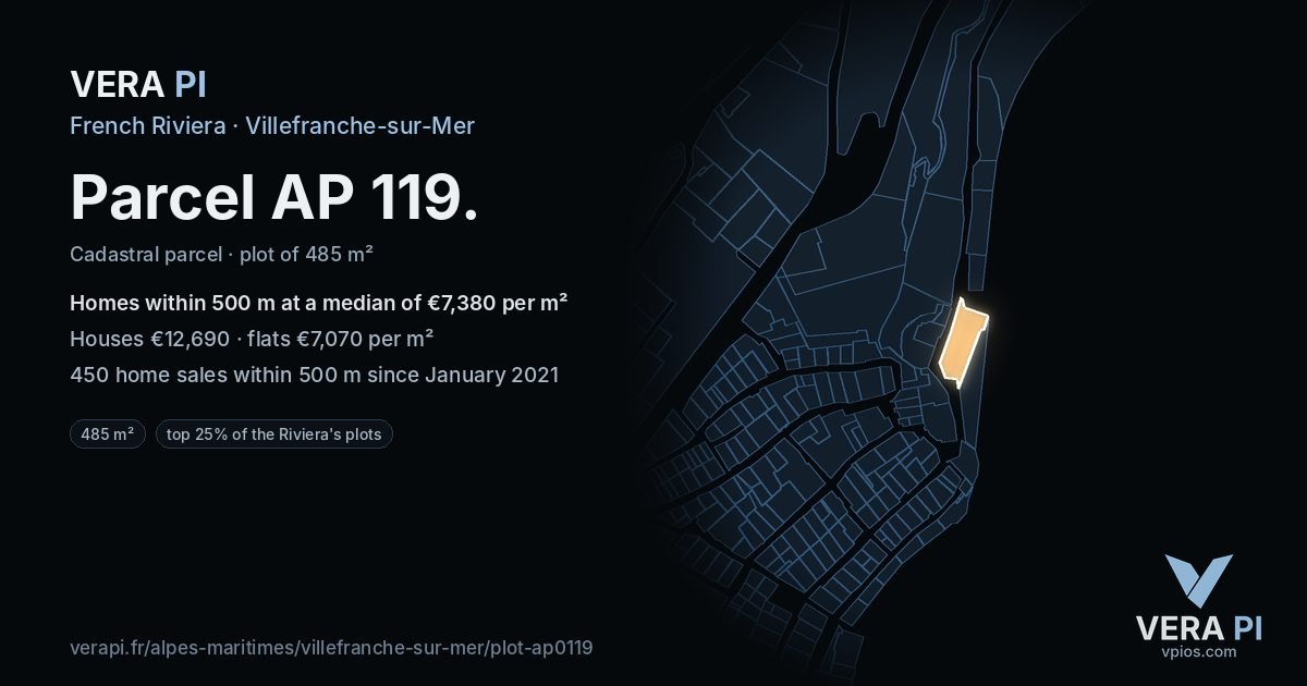 Parcel AP 119, Villefranche-sur-Mer at night – the plot lit, the parcels around coloured by the prices near them