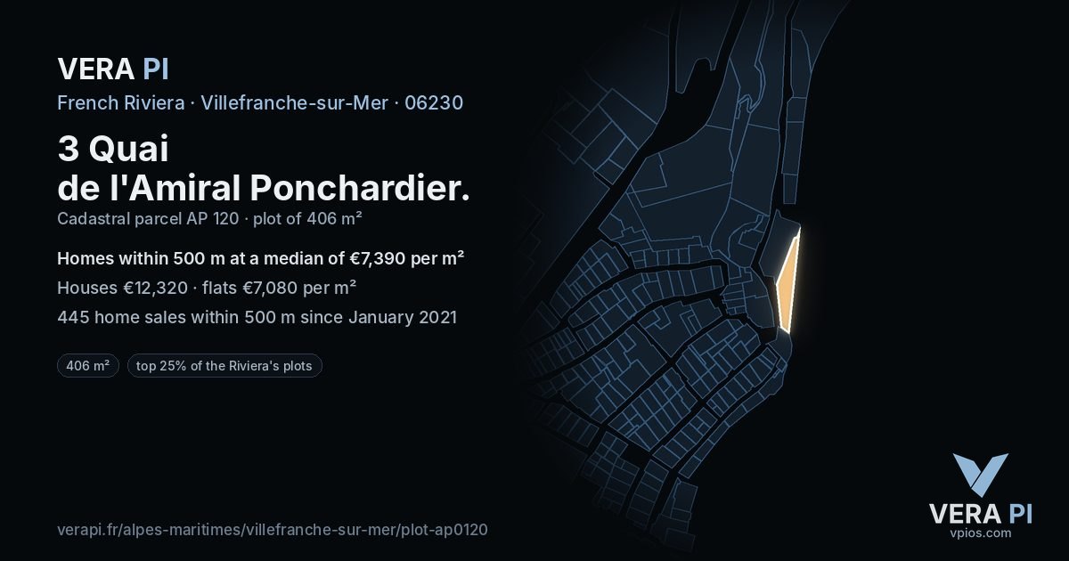 3 Quai de l'Amiral Ponchardier, Villefranche-sur-Mer at night – the plot lit, the parcels around coloured by the prices near them