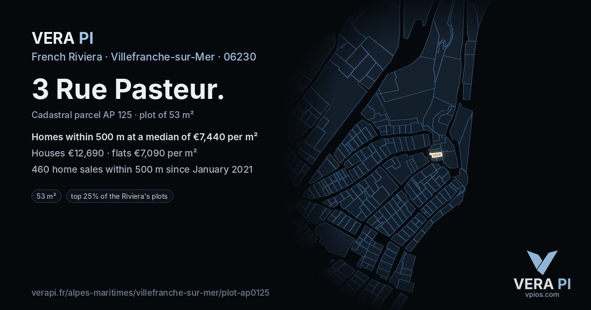 3 Rue Pasteur, Villefranche-sur-Mer at night – the plot lit, the parcels around coloured by the prices near them