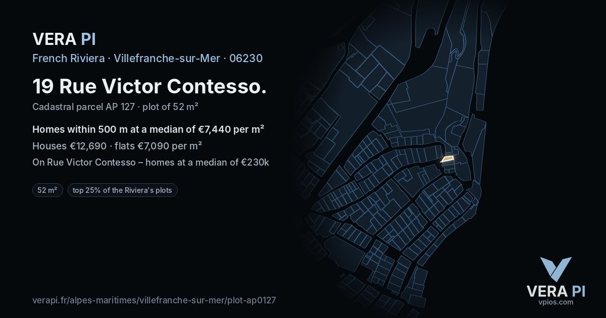 19 Rue Victor Contesso, Villefranche-sur-Mer at night – the plot lit, the parcels around coloured by the prices near them