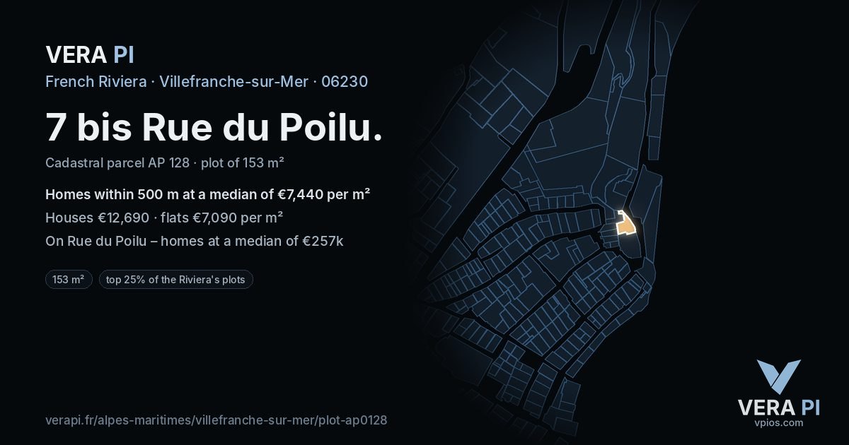 7 bis Rue du Poilu, Villefranche-sur-Mer at night – the plot lit, the parcels around coloured by the prices near them