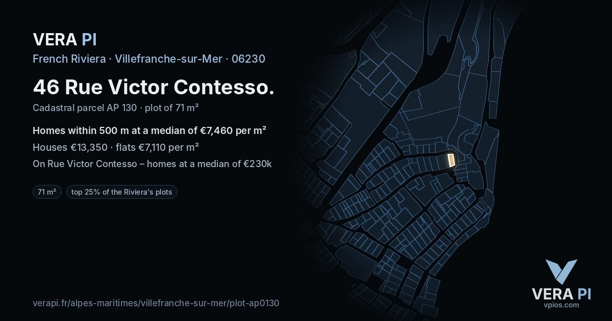 46 Rue Victor Contesso, Villefranche-sur-Mer at night – the plot lit, the parcels around coloured by the prices near them