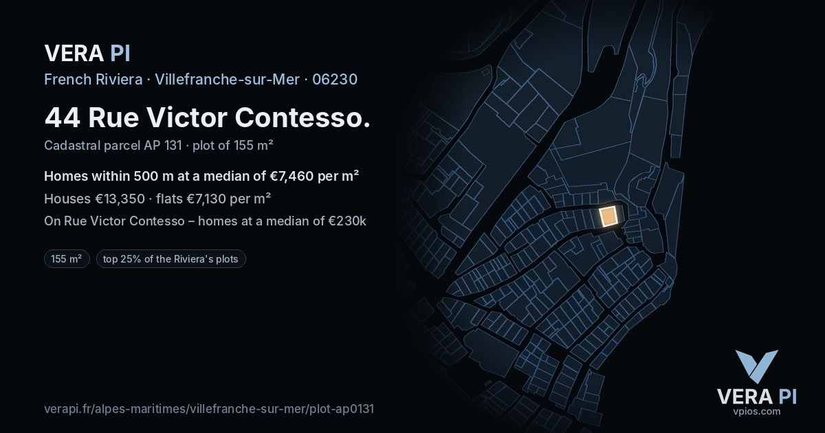 44 Rue Victor Contesso, Villefranche-sur-Mer at night – the plot lit, the parcels around coloured by the prices near them