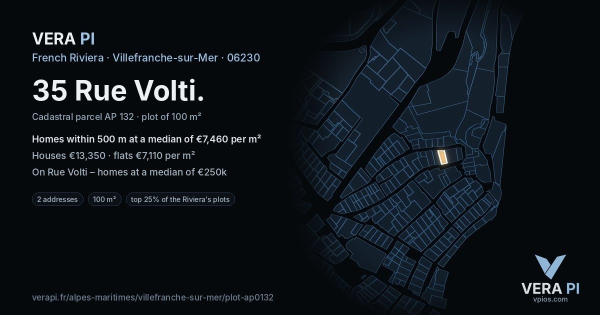 35 Rue Volti, Villefranche-sur-Mer at night – the plot lit, the parcels around coloured by the prices near them