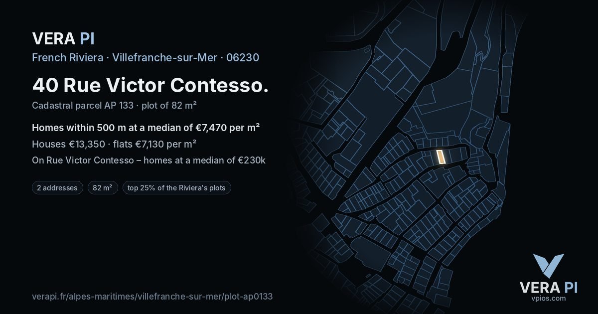 40 Rue Victor Contesso, Villefranche-sur-Mer at night – the plot lit, the parcels around coloured by the prices near them