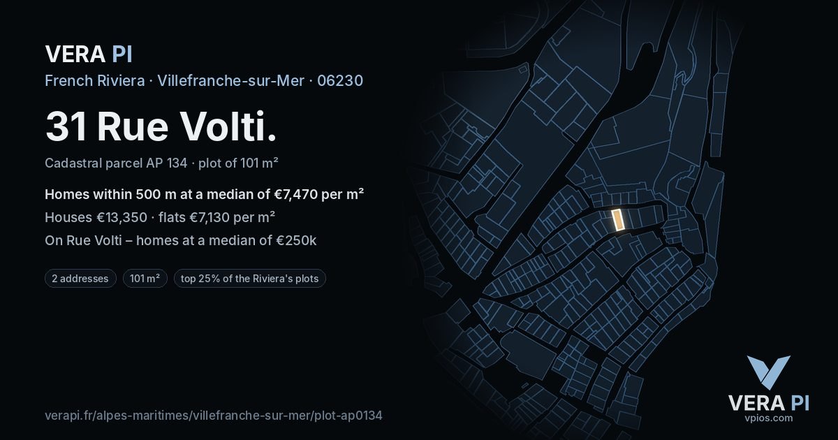 31 Rue Volti, Villefranche-sur-Mer at night – the plot lit, the parcels around coloured by the prices near them