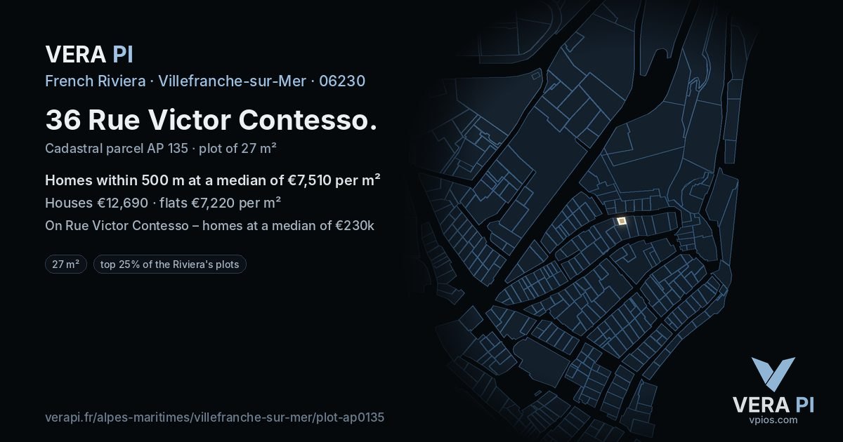 36 Rue Victor Contesso, Villefranche-sur-Mer at night – the plot lit, the parcels around coloured by the prices near them
