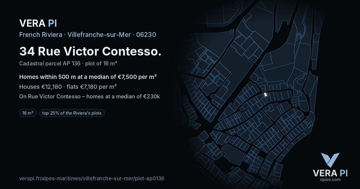 34 Rue Victor Contesso, Villefranche-sur-Mer at night – the plot lit, the parcels around coloured by the prices near them