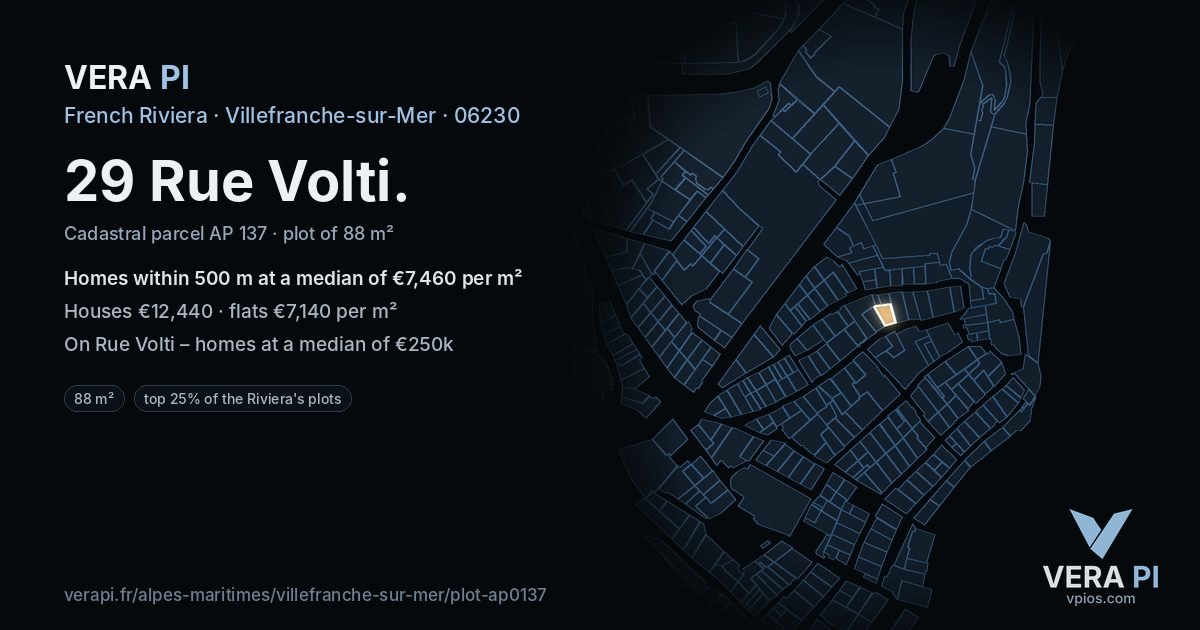 29 Rue Volti, Villefranche-sur-Mer at night – the plot lit, the parcels around coloured by the prices near them