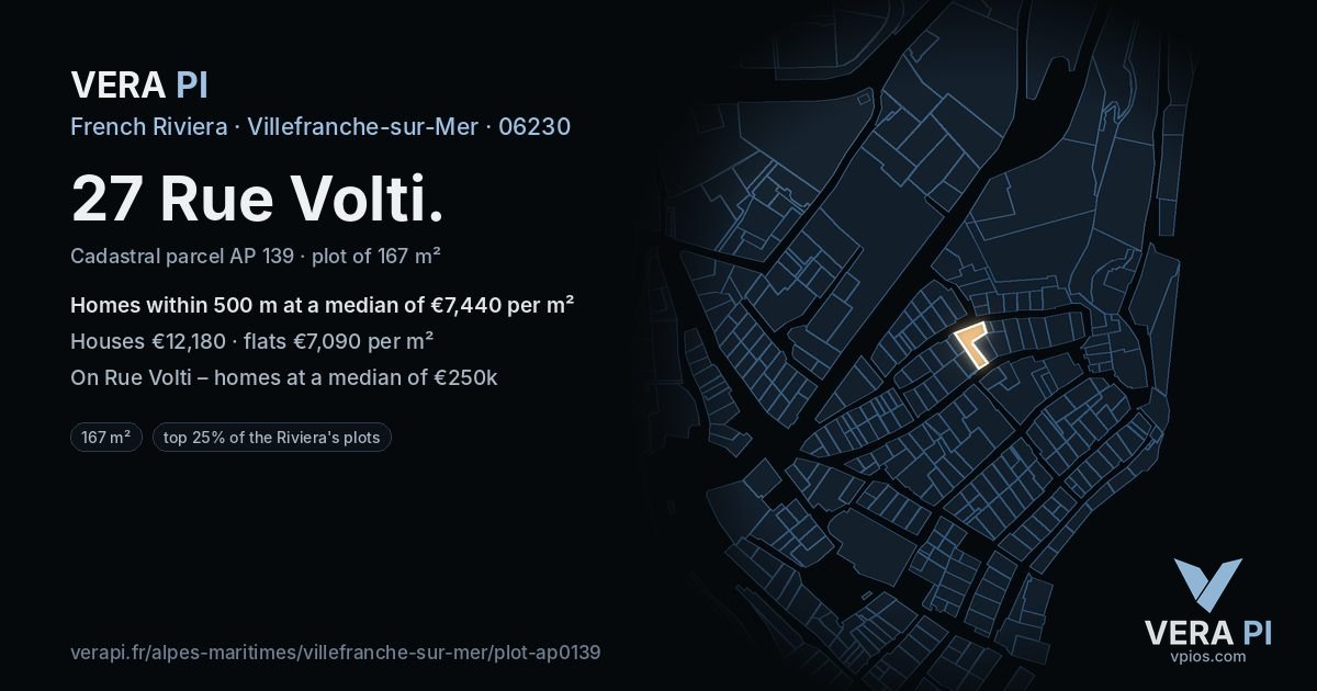 27 Rue Volti, Villefranche-sur-Mer at night – the plot lit, the parcels around coloured by the prices near them