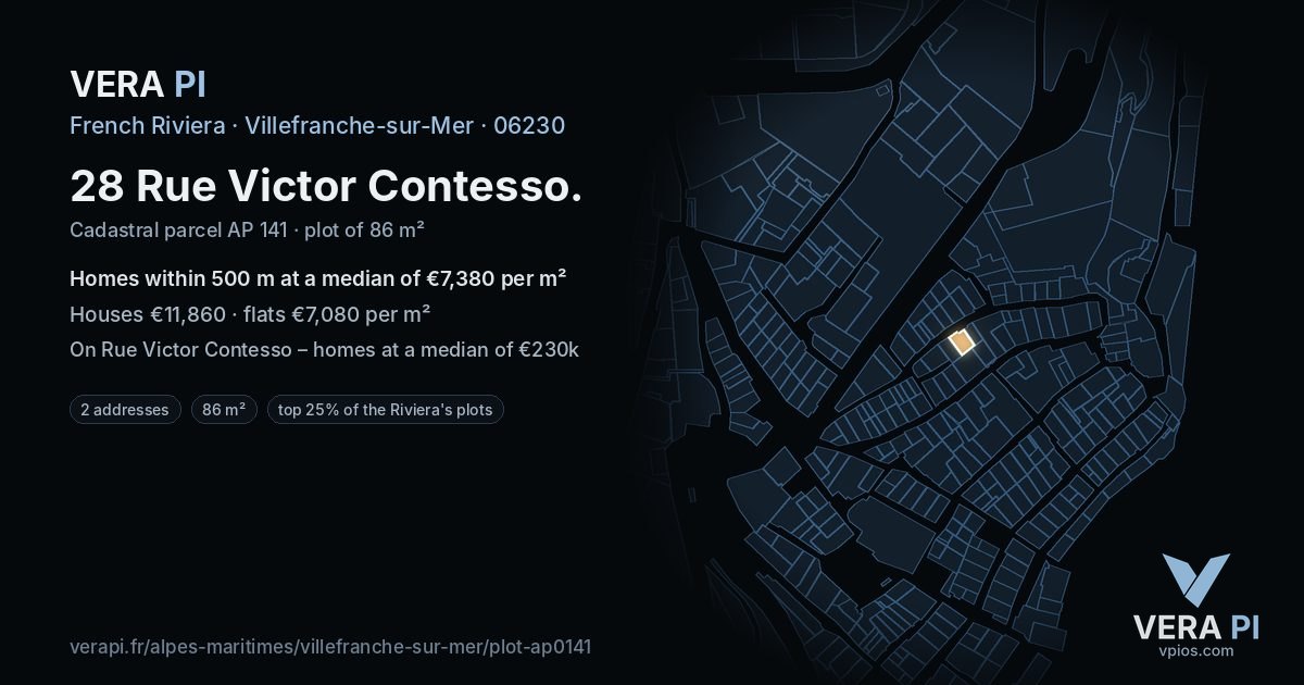 28 Rue Victor Contesso, Villefranche-sur-Mer at night – the plot lit, the parcels around coloured by the prices near them