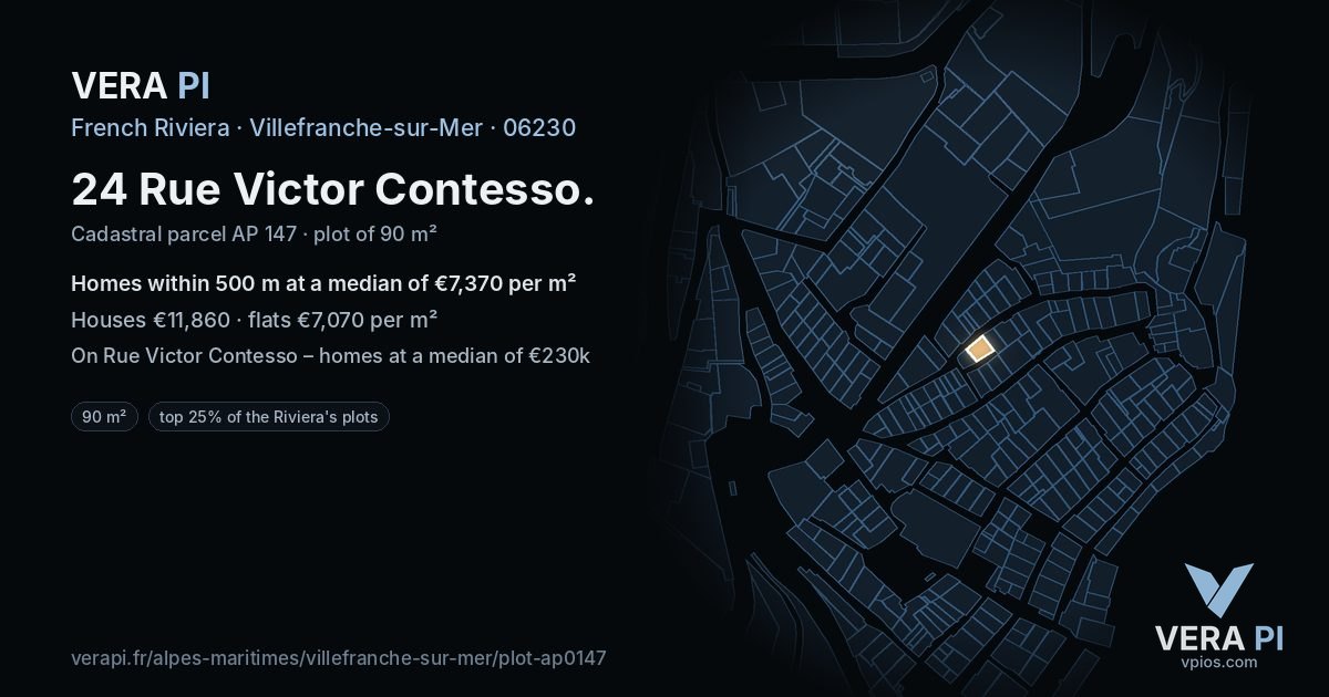 24 Rue Victor Contesso, Villefranche-sur-Mer at night – the plot lit, the parcels around coloured by the prices near them