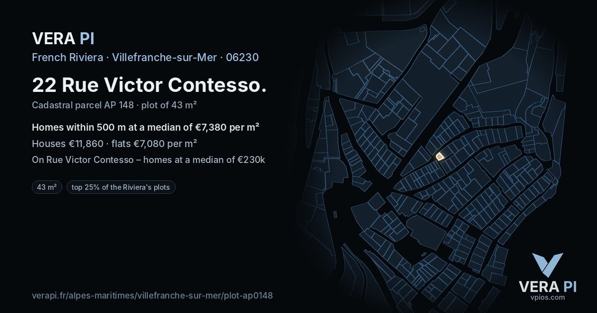 22 Rue Victor Contesso, Villefranche-sur-Mer at night – the plot lit, the parcels around coloured by the prices near them