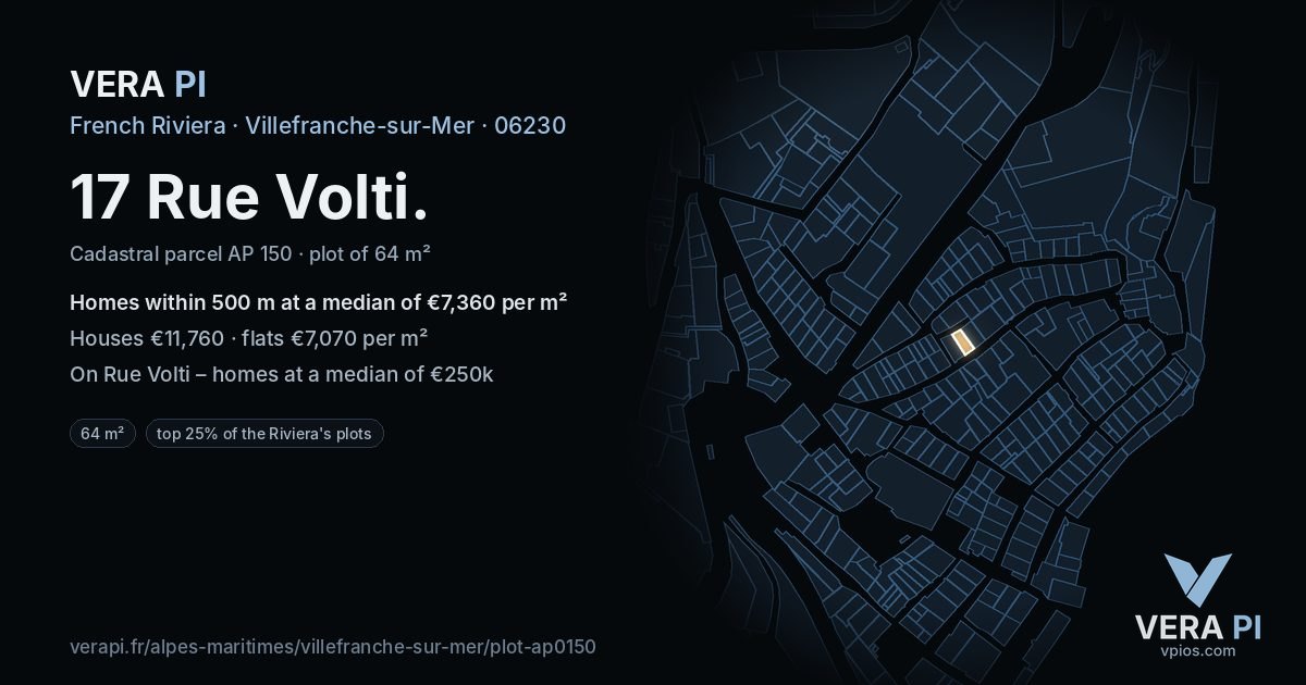 17 Rue Volti, Villefranche-sur-Mer at night – the plot lit, the parcels around coloured by the prices near them