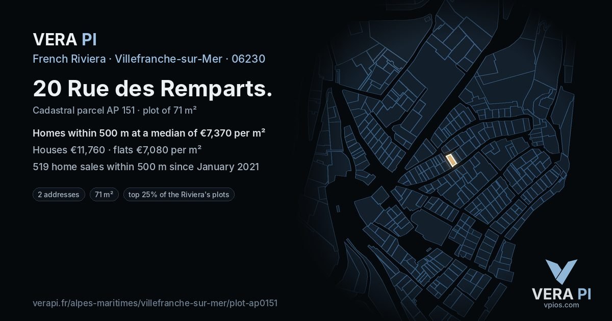 20 Rue des Remparts, Villefranche-sur-Mer at night – the plot lit, the parcels around coloured by the prices near them