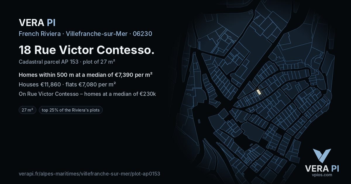 18 Rue Victor Contesso, Villefranche-sur-Mer at night – the plot lit, the parcels around coloured by the prices near them