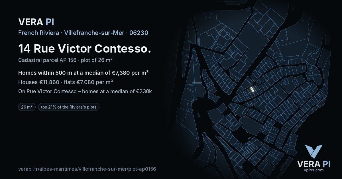 14 Rue Victor Contesso, Villefranche-sur-Mer at night – the plot lit, the parcels around coloured by the prices near them