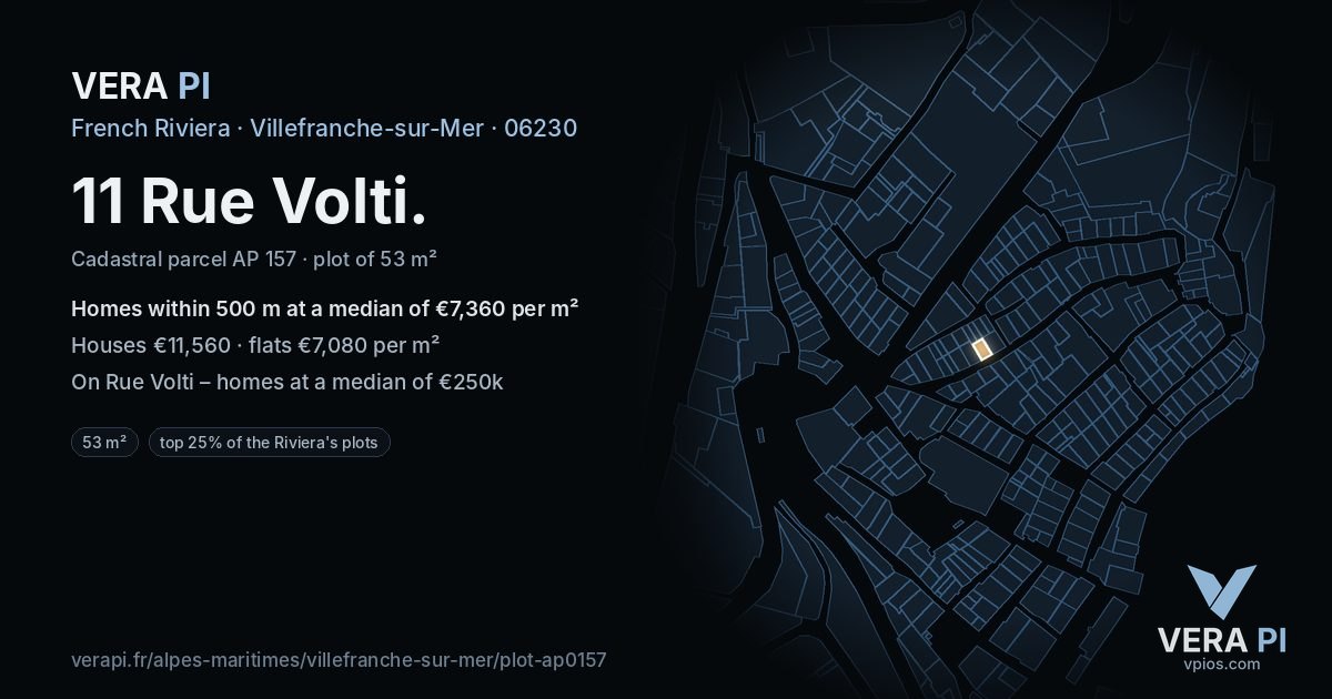 11 Rue Volti, Villefranche-sur-Mer at night – the plot lit, the parcels around coloured by the prices near them