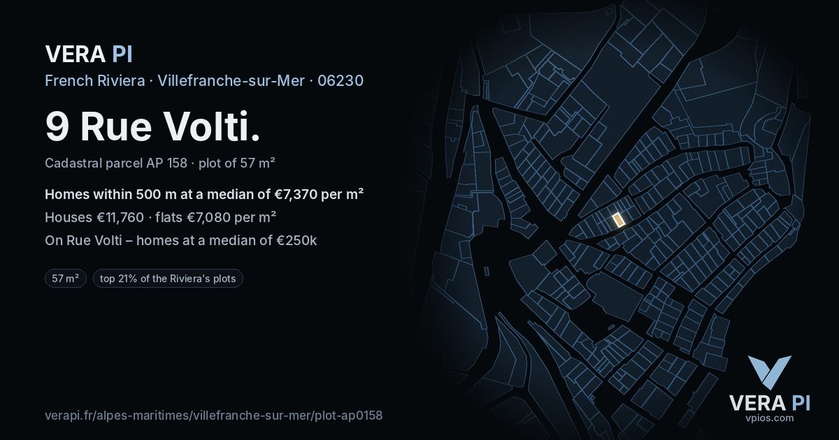 9 Rue Volti, Villefranche-sur-Mer at night – the plot lit, the parcels around coloured by the prices near them