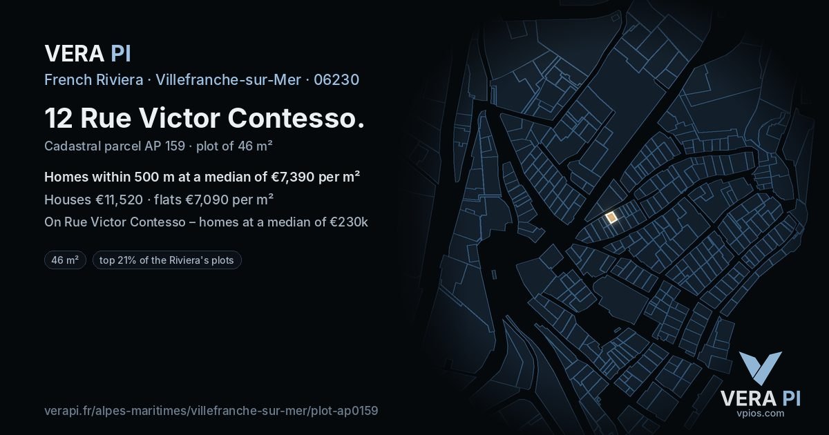 12 Rue Victor Contesso, Villefranche-sur-Mer at night – the plot lit, the parcels around coloured by the prices near them