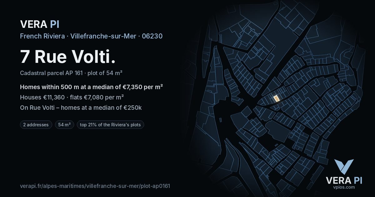 7 Rue Volti, Villefranche-sur-Mer at night – the plot lit, the parcels around coloured by the prices near them