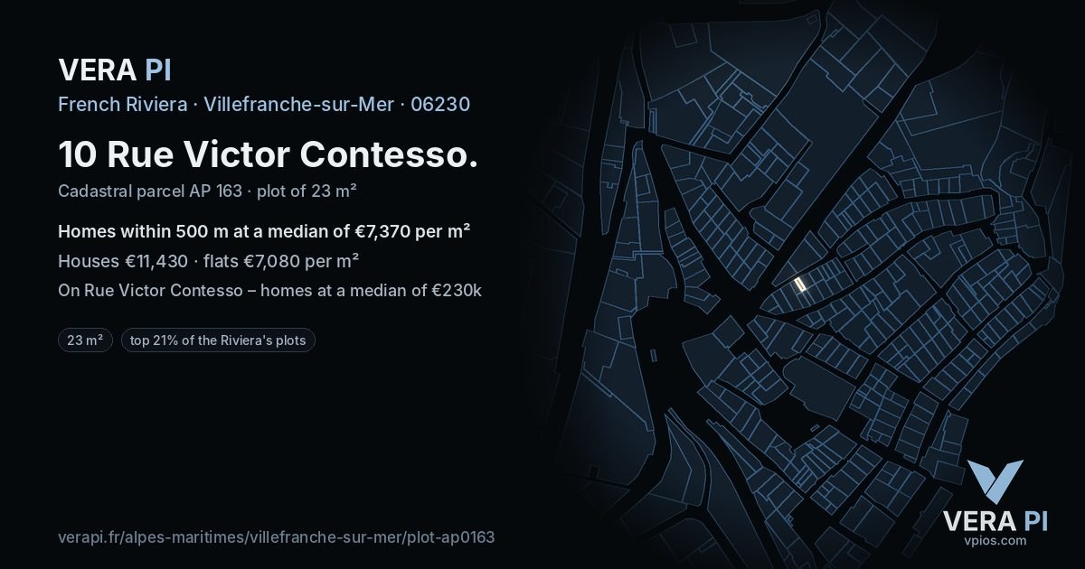 10 Rue Victor Contesso, Villefranche-sur-Mer at night – the plot lit, the parcels around coloured by the prices near them