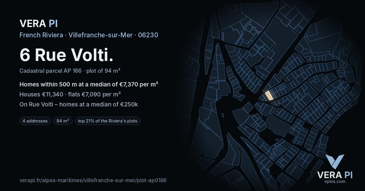 6 Rue Volti, Villefranche-sur-Mer at night – the plot lit, the parcels around coloured by the prices near them