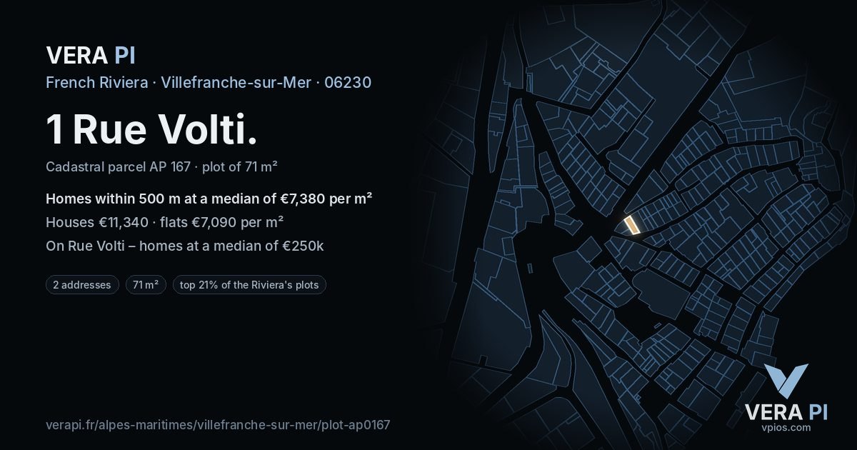 1 Rue Volti, Villefranche-sur-Mer at night – the plot lit, the parcels around coloured by the prices near them