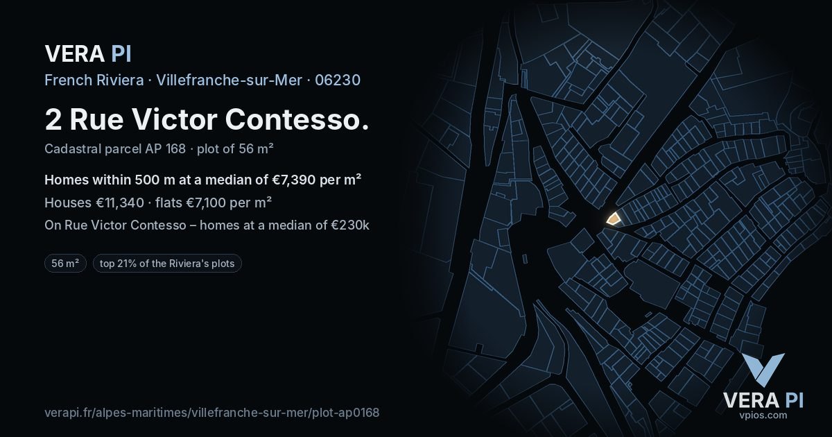 2 Rue Victor Contesso, Villefranche-sur-Mer at night – the plot lit, the parcels around coloured by the prices near them