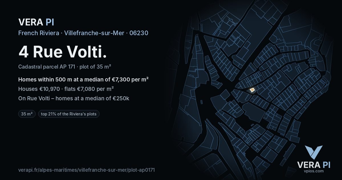 4 Rue Volti, Villefranche-sur-Mer at night – the plot lit, the parcels around coloured by the prices near them