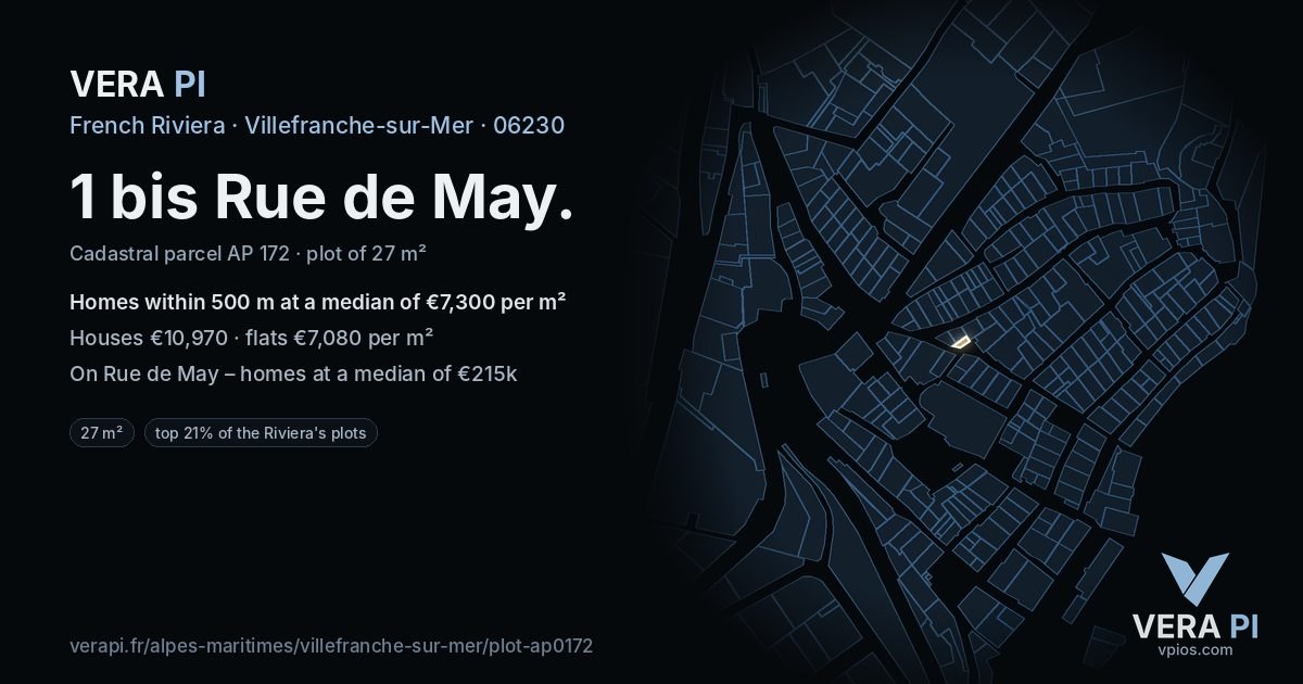 1 bis Rue de May, Villefranche-sur-Mer at night – the plot lit, the parcels around coloured by the prices near them