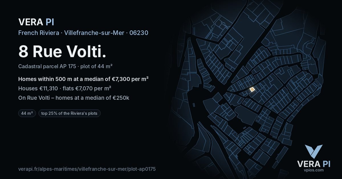 8 Rue Volti, Villefranche-sur-Mer at night – the plot lit, the parcels around coloured by the prices near them