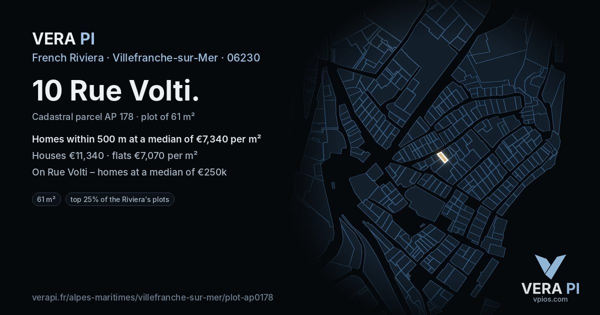 10 Rue Volti, Villefranche-sur-Mer at night – the plot lit, the parcels around coloured by the prices near them