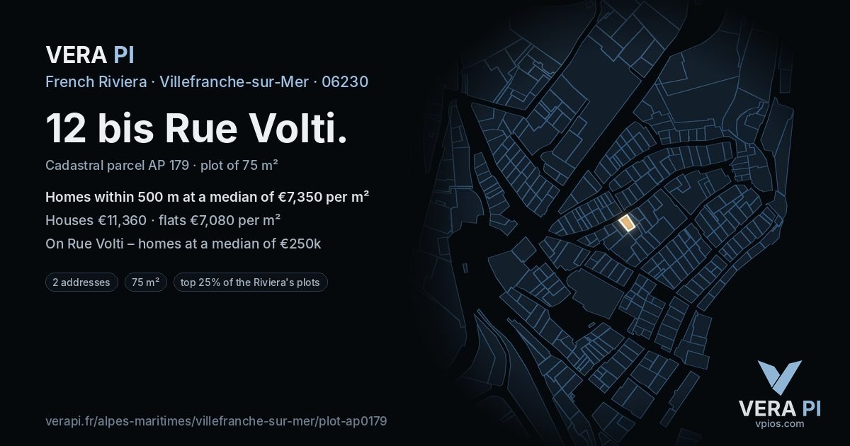 12 bis Rue Volti, Villefranche-sur-Mer at night – the plot lit, the parcels around coloured by the prices near them