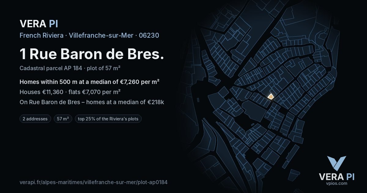 1 Rue Baron de Bres, Villefranche-sur-Mer at night – the plot lit, the parcels around coloured by the prices near them