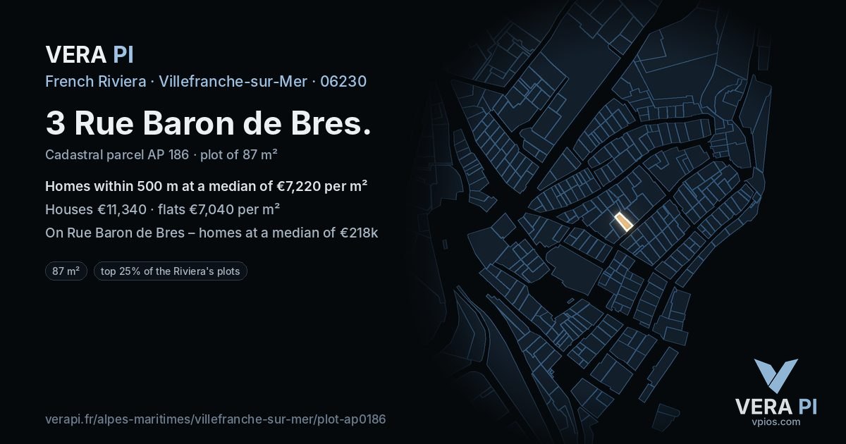 3 Rue Baron de Bres, Villefranche-sur-Mer at night – the plot lit, the parcels around coloured by the prices near them