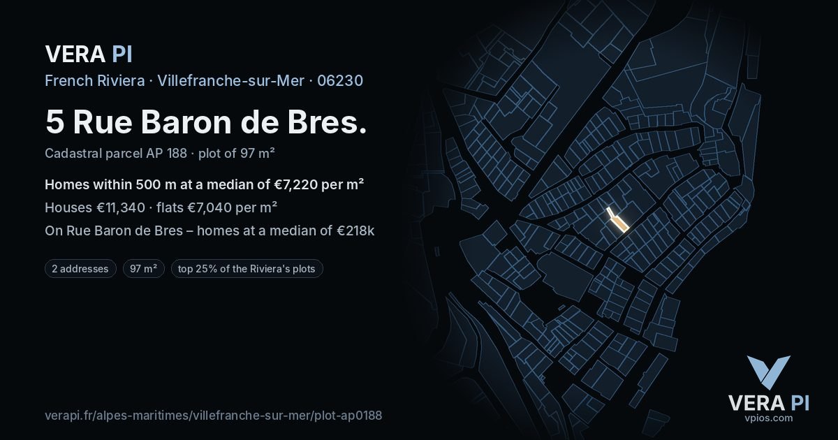 5 Rue Baron de Bres, Villefranche-sur-Mer at night – the plot lit, the parcels around coloured by the prices near them