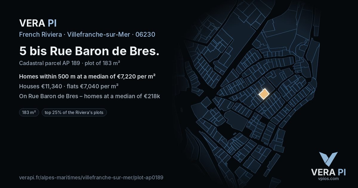 5 bis Rue Baron de Bres, Villefranche-sur-Mer at night – the plot lit, the parcels around coloured by the prices near them